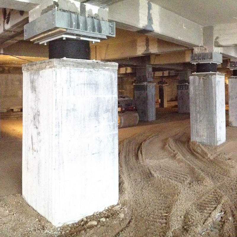 Seismic isolators installed under the building